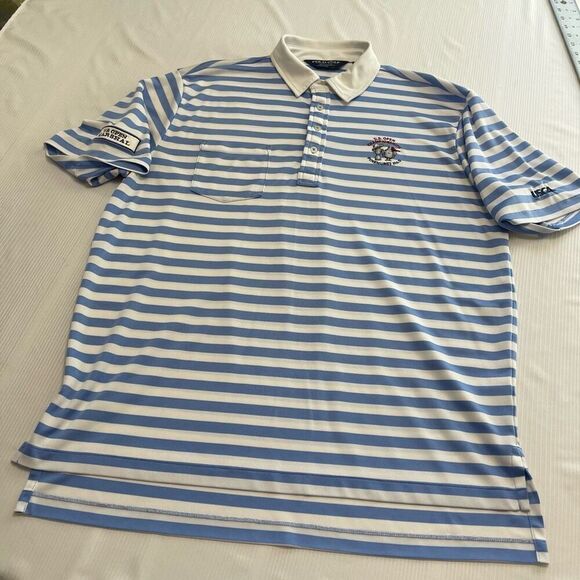 Polo Golf Ralph Lauren Blue White Stripe Short Sleeve Polo Shirt US Open Large - Picture 1 of 9